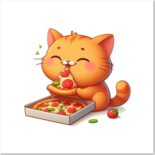 cute cat fat eat pizza slice cartoon illustration Posters and Art